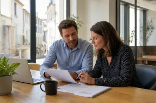 Two people working together at a desk in a bright, modern office, with documents and a laptop, overlooking a southern French street through large windows.