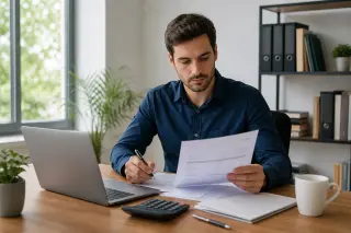 Young entrepreneur alone at a modern sunlit desk with laptop, invoices, and calculator, appearing focused on financial paperwork.