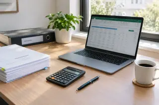 Modern office desk with open laptop displaying a spreadsheet, paperwork, calculator, pen, coffee cup, binder, and small potted plant, bathed in natural daylight.