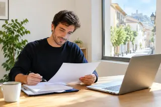 Jeune entrepreneur concentré sur des documents dans un bureau moderne, avec ordinateur portable, tasse de café et lumière douce traversant une fenêtre donnant sur une rue méditerranéenne.