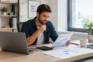 An entrepreneur sits alone at a modern desk in a bright office, reviewing financial charts and paperwork with a laptop, in a clean, professional setting.
