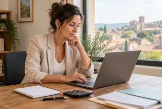 Entrepreneuse étudiant les options de création de son activité dans un bureau lumineux du Gard.