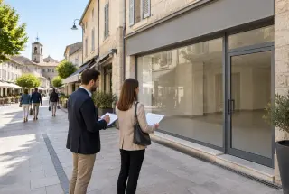 Deux personnes étudient un local commercial vacant dans une rue du centre-ville de Bagnols-sur-Cèze.